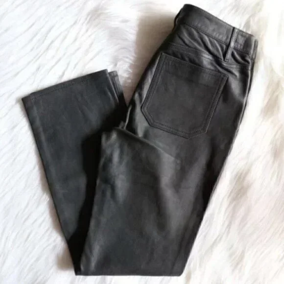 NWT Anthropologie Green Black High Rise Straight Leg Lamb Leather Pants Size 25